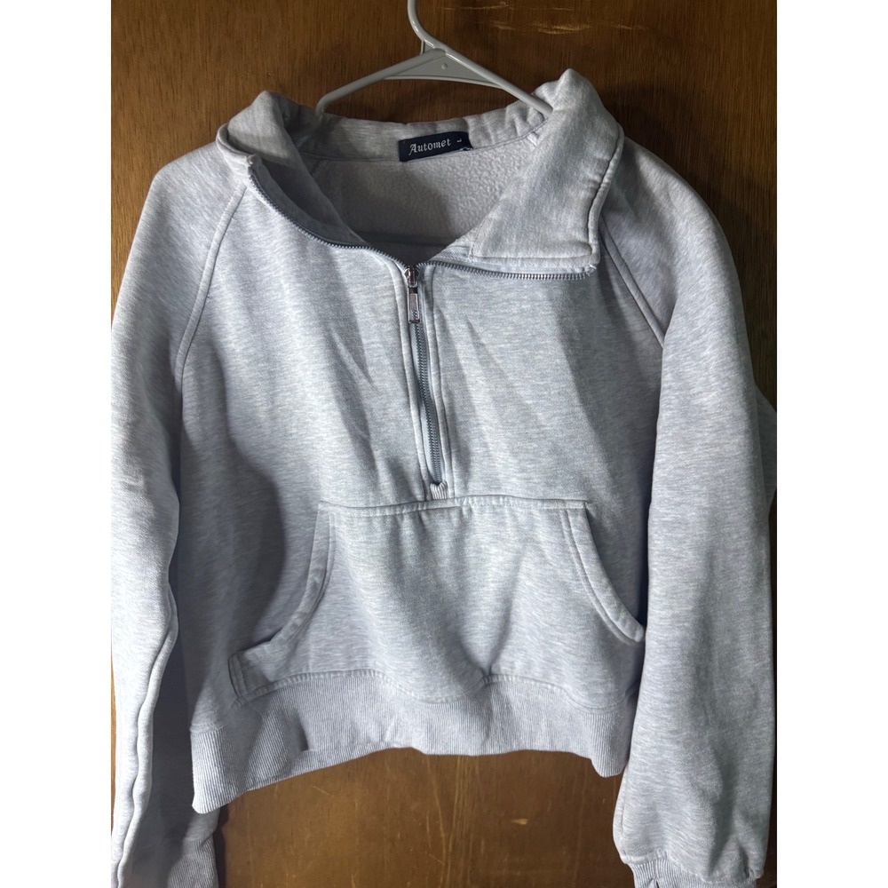Automet Womens Half Zip Cropped Pullover Sweatshirt Light Grey Fleece Size L